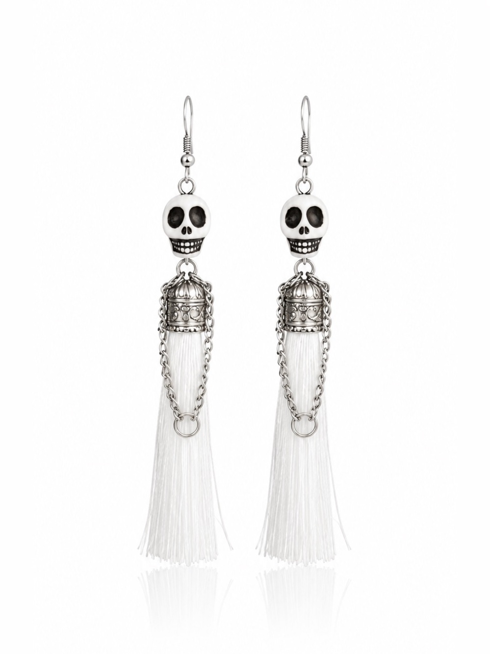 Avant-garde Skull Drop Earrings with White Tassels
